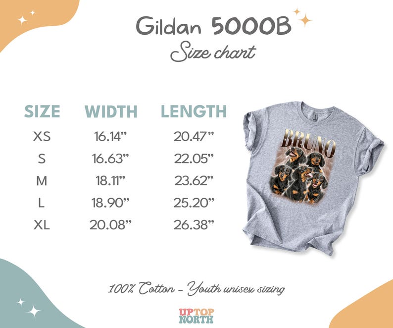 May include: A grey t-shirt featuring a graphic of five dachshunds and the text BRUNO. Next to the shirt is a Gildan 5000B size chart listing widths and lengths in inches for sizes XS through XL, with the text 100% Cotton - Youth unisex sizing.