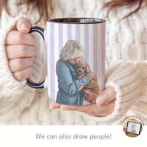 May include: A ceramic mug with a dark blue handle and rim, featuring a light purple and white vertical striped background. The mug displays a digital illustration of a person with blonde hair wearing a blue shirt, holding a small brown puppy.