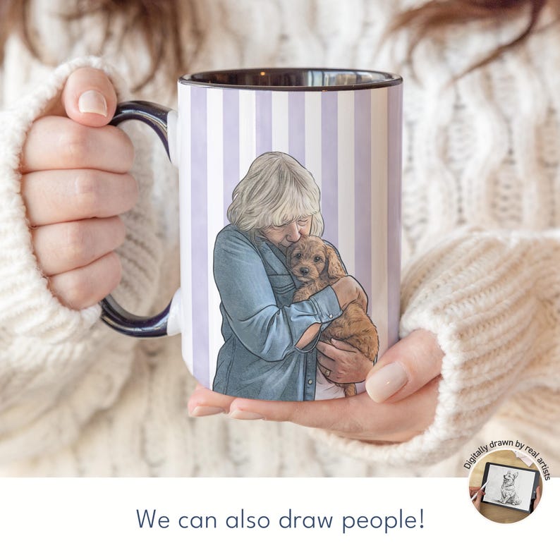 May include: A ceramic mug with a dark blue handle and rim, featuring a light purple and white vertical striped background. The mug displays a digital illustration of a person with blonde hair wearing a blue shirt, holding a small brown puppy.