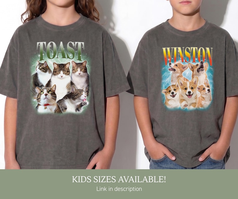 May include: Two charcoal gray t-shirts. The left shirt features five cats and the text TOAST in white letters. The right shirt displays five corgi dogs and the text WINSTON in yellow and red letters. Both shirts have short sleeves and crew necks.