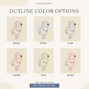 May include: A display of art prints with a dog illustration in six different color options: mocha, denim, plum, cherry, sage, and blush. The text "OUTLINE COLOR OPTIONS" is at the top, with the brand name "UPTOPNORTH" above it. The text "NEXT PAGE WILL SHOW ART FORMAT OPTIONS" is at the bottom.
