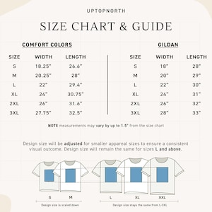 May include: A size chart and guide for Comfort Colors and Gildan t-shirts. The chart displays measurements in inches for width and length, ranging from size S to 3XL. The design size is adjusted for smaller apparel sizes.