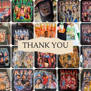 K&ouml;nnte beinhalten: Sammlung individueller T-Shirts mit verschiedenen Namen und Portr&auml;ts. Jedes Shirt zeigt ein einzigartiges Design mit Namen wie "Maguire", "Teresa" und "Spencer". Die Shirts zeigen eine Vielzahl von Farben und grafischen Stilen, mit einer zentralen "Thank You"-Nachricht.