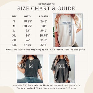 May include: A size chart and guide from Uptopnorth, with measurements in inches for t-shirts. The chart includes sizes S to 3XL, with corresponding width and length measurements. The image also shows two people wearing t-shirts, with the sizes M and XL.
