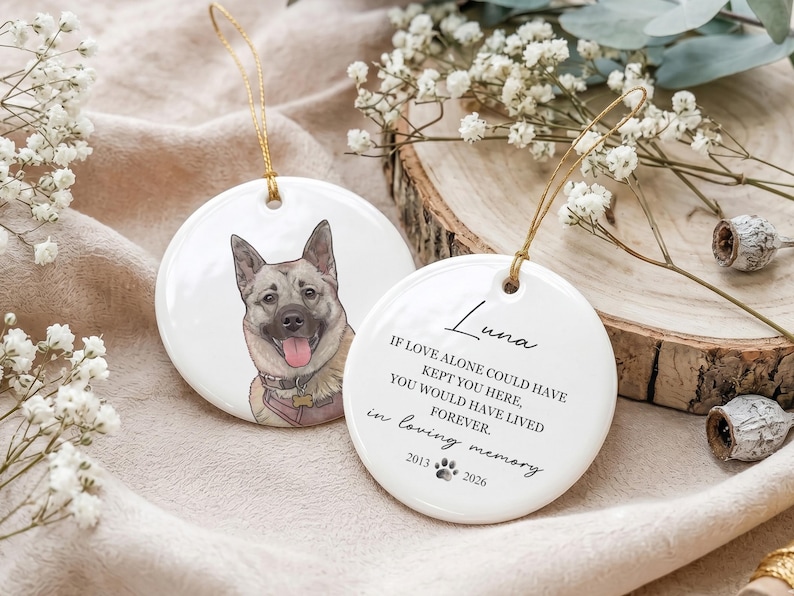 May include: Two round white ceramic ornaments with gold hanging strings. One features a colorful illustration of a tan and grey dog with a pink tongue. The other displays the text Luna, a memorial poem, a paw print, and the years 2013 and 2026.