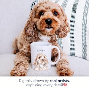 May include: A white ceramic mug featuring a watercolor illustration of a dog, with the name "Evelyn" in script. The dog is a light brown color. The mug is held in front of a brown dog with curly fur. The text at the bottom says "Digitally drawn by real artists, capturing every detail."