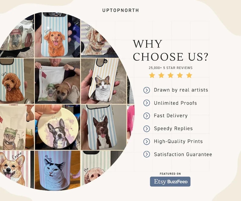 May include: A collage of custom phone cases, mugs, and towels featuring illustrated portraits of dogs and cats with names. The text reads UPTOPNORTH, WHY CHOOSE US?, 25,000+ 5 STAR REVIEWS, Drawn by real artists, Unlimited Proofs, Fast Delivery, Speedy Replies, High-Quality Prints, Satisfaction Guarantee, and FEATURED ON Etsy BuzzFeed.