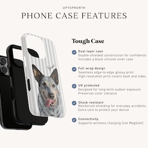 May include: A dual-layer phone case featuring a white and gray striped pattern with a portrait of a dog and the name Bruno. The text UPTOPNORTH PHONE CASE FEATURES Tough Case lists details including dual layer, full wrap, UV protection, and shock resistance.