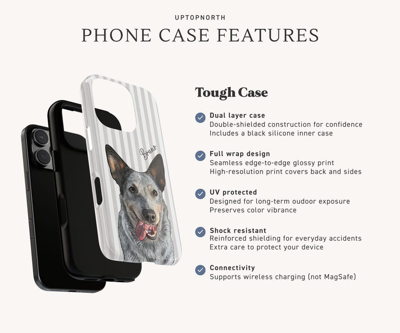 May include: A dual-layer phone case featuring a white and gray striped pattern with a portrait of a dog and the name Bruno. The text UPTOPNORTH PHONE CASE FEATURES Tough Case lists details including dual layer, full wrap, UV protection, and shock resistance.
