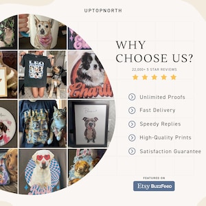 Pu&ograve; includere: Un collage di prodotti a tema animali domestici, tra cui opere d'arte incorniciate, tazze, magliette e ornamenti. L'immagine presenta vari ritratti di cani e gatti, con il testo "WHY CHOOSE US?" e "Etsy BuzzFeed" visibili.