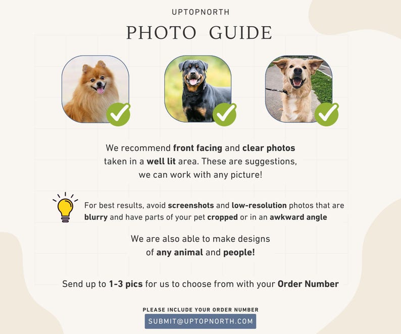 May include: An informational graphic titled UPTOPNORTH PHOTO GUIDE featuring three circular photos of dogs with green checkmarks. The text provides instructions for submitting clear, front-facing photos for custom designs and includes an email address.