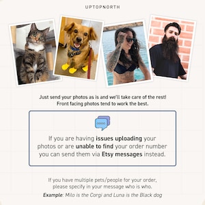 May include: An informational graphic titled UPTOPNORTH featuring four square photographs of a cat, a dog with yellow booties, a person in a bikini, and a bearded person. Text instructions explain how to submit photos for custom orders via Etsy.