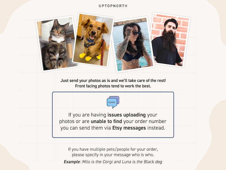May include: An informational graphic titled UPTOPNORTH featuring four square photographs of a cat, a dog with yellow booties, a person in a bikini, and a bearded person. Text instructions explain how to submit photos for custom orders via Etsy.