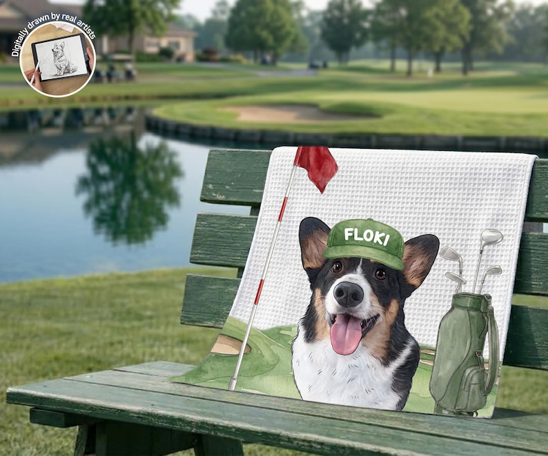 Op de afbeelding: Een witte handdoek met wafelstructuur met een kleurrijke illustratie van een zwart, wit en bruine Corgi die een groene honkbalpet draagt met de naam FLOKI erop, naast een golftas met clubs en een rode vlag op een golfbaan.