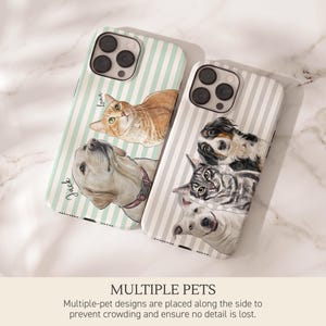 May include: Two smartphone cases featuring custom pet portraits. The left case has mint green stripes with illustrations of a ginger cat named Luna and a yellow dog named Jack. The right case has grey stripes with illustrations of three pets.