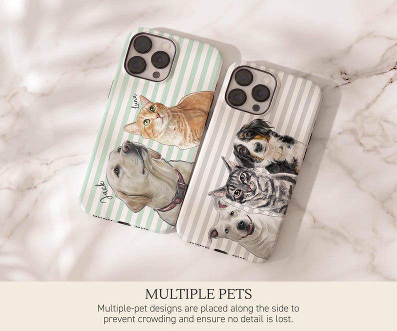 May include: Two smartphone cases featuring custom pet portraits. The left case has mint green stripes with illustrations of a ginger cat named Luna and a yellow dog named Jack. The right case has grey stripes with illustrations of three pets.