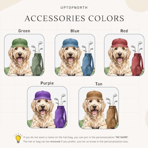 Op de afbeelding: Een grafische kaart met de titel UPTOPNORTH ACCESSORIES COLORS toont vijf illustraties van een goudkleurige hond met een honkbalpet die naast een golftas staat. De kleuren voor de hoed en tas zijn groen, blauw, rood, paars en lichtbruin.