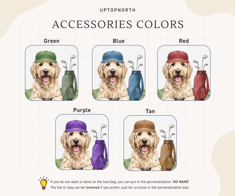 Op de afbeelding: Een grafische kaart met de titel UPTOPNORTH ACCESSORIES COLORS toont vijf illustraties van een goudkleurige hond met een honkbalpet die naast een golftas staat. De kleuren voor de hoed en tas zijn groen, blauw, rood, paars en lichtbruin.