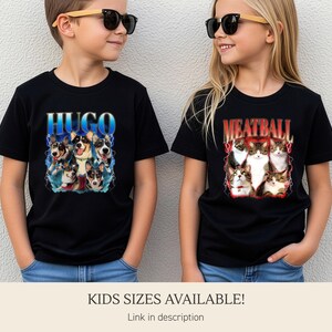 May include: Two black t-shirts featuring graphic prints. The left shirt displays multiple dogs with the text HUGO in blue. The right shirt displays multiple cats with the text MEATBALL in red. Both designs include lightning bolt accents.