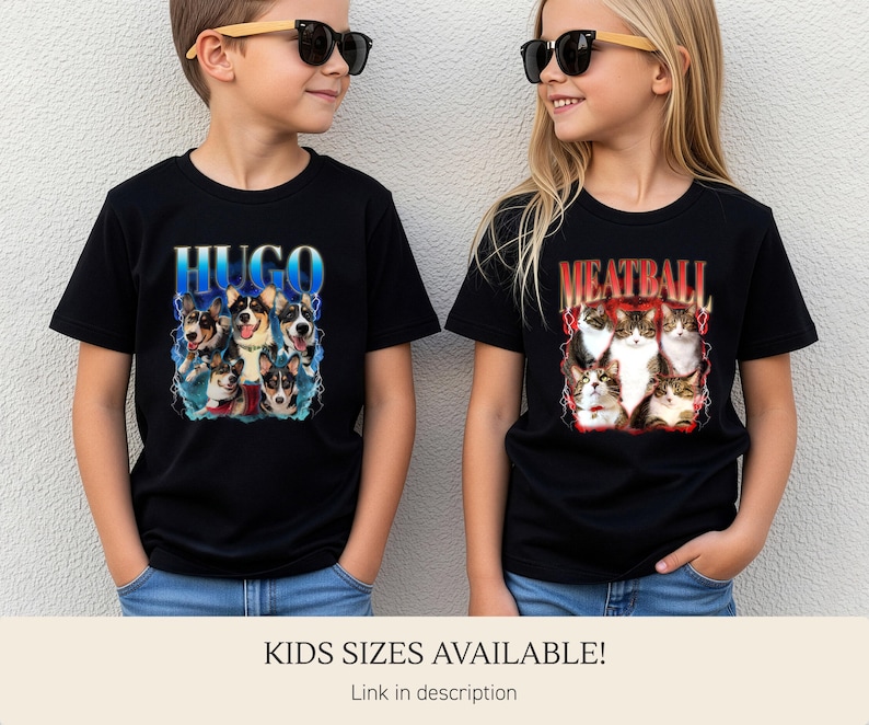 May include: Two black t-shirts featuring graphic prints. The left shirt displays multiple dogs with the text HUGO in blue. The right shirt displays multiple cats with the text MEATBALL in red. Both designs include lightning bolt accents.