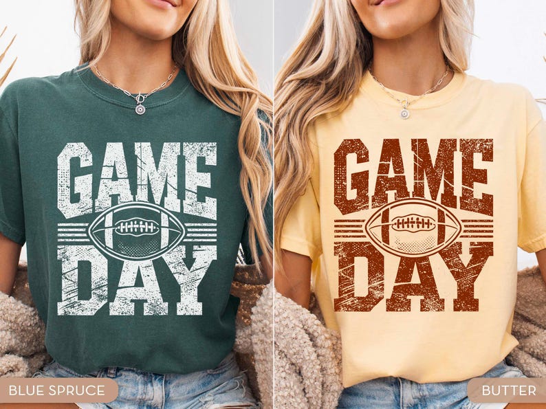 May include: Two t-shirts, one teal and one yellow, featuring a distressed "GAME DAY" design and a football graphic. These short-sleeved shirts are ideal for casual wear, suitable for football enthusiasts.