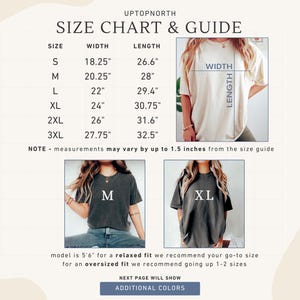 May include: A size chart and guide from Uptopnorth, with measurements in inches for various shirt sizes, from S to 3XL. The chart includes width and length dimensions. The image also shows models wearing shirts in sizes M and XL.