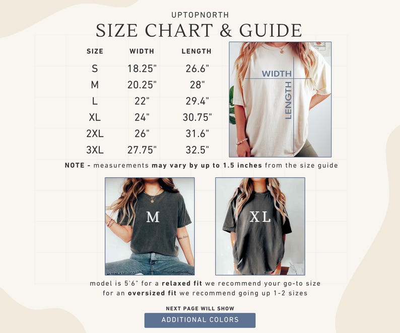 May include: A size chart and guide from Uptopnorth, with measurements in inches for various shirt sizes, from S to 3XL. The chart includes width and length dimensions. The image also shows models wearing shirts in sizes M and XL.