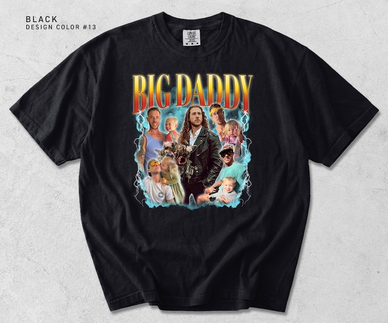 K&ouml;nnte beinhalten: Schwarzes T-Shirt mit einem Grafikdesign mit dem Text "BIG DADDY" in Orange und Gelb, mit einer Collage von Bildern. Das Design hat eine Retro-&Auml;sthetik mit Blitzakzenten.