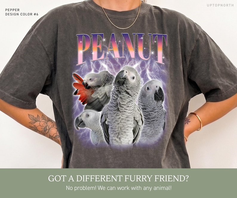 May include: A charcoal gray short-sleeve t-shirt featuring a graphic print of four African Grey parrots. The word PEANUT is printed in large, gradient-colored letters above the birds, set against a purple background with lightning bolt accents.