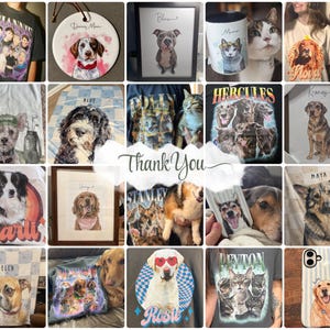 May include: A collage of custom pet-themed merchandise including t-shirts, blankets, framed portraits, mugs, and phone cases featuring various dogs and cats with names like Daisy Mae, Blue, Hercules, Charli, Maya, Bella, Rosie, and Peyton.