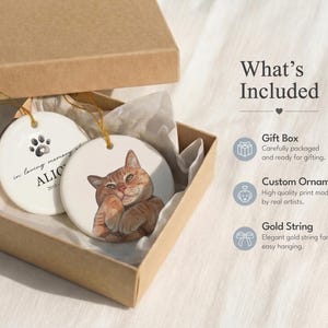 May include: Two round white ceramic ornaments with gold strings inside a brown cardboard gift box. One ornament features a brown tabby cat illustration, while the other displays a black paw print and the text in loving memory ALICE 2010.