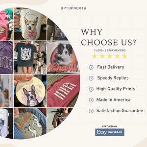 May include: Collage of custom pet-themed products, including t-shirts, mugs, and a coaster. The products feature dog portraits and text. The image also includes the text "WHY CHOOSE US?" and "Etsy BuzzFeed".