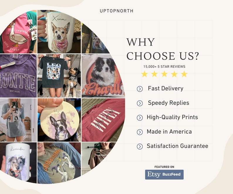 May include: Collage of custom pet-themed products, including t-shirts, mugs, and a coaster. The products feature dog portraits and text. The image also includes the text "WHY CHOOSE US?" and "Etsy BuzzFeed".