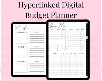 Op de afbeelding: Een digitale budgetplanner met een zwart-wit ontwerp. De planner bevat secties voor financiële doelen, een januari-budget, inkomsten, uitgaven en een maandelijkse uitgaven-tracker.