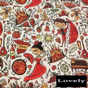 Symbols of Spain Fabric: Flamenco, Paella, Barcelona Polyester Fabric