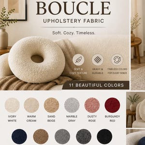 K&ouml;nnte beinhalten: Donut-f&ouml;rmige Kissen aus Boucl&eacute;-Polsterstoff in verschiedenen Farben, darunter Elfenbein, Beige und Grau. Das Bild zeigt die Kissen gestapelt und angeordnet, mit dem Text "BOUCLE UPHOLSTERY FABRIC" und "11 BEAUTIFUL COLORS".
