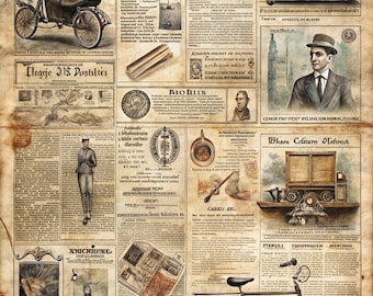 Vintage Newspaper Collage Panels – Antique Bicycle & Fashion Illustration Fabric Wall Art