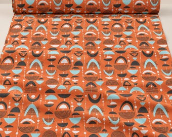 May include: A roll of fabric featuring a repeating pattern of semicircles and arched shapes in light blue, dark gray, and white against a burnt orange background. The design includes thin vertical lines connecting the geometric elements throughout.