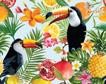 Tropical Toucan Fruit Fabric by The Yard, Exotic Botanical Upholstery Fabric, Citrus and Pomegranate Jungle Fabric, Summer Paradise Decor