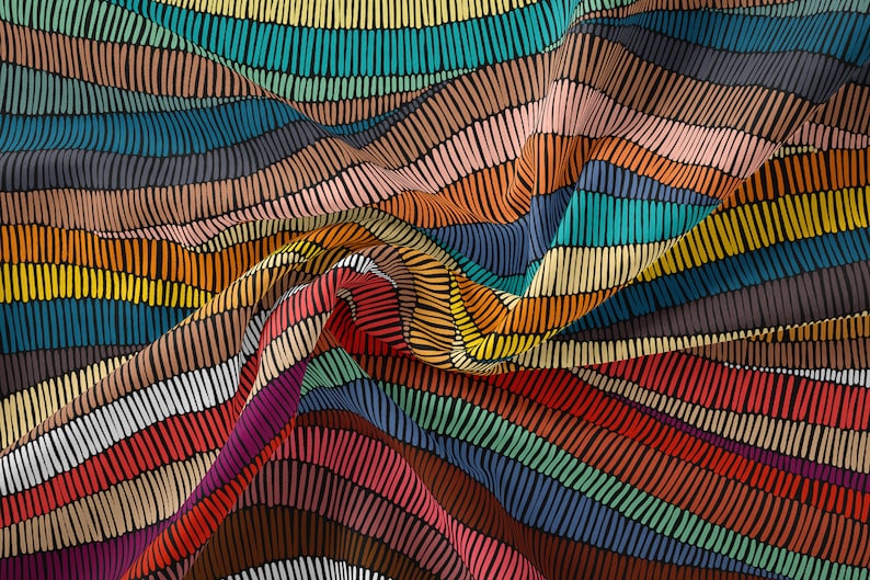 May include: A colorful fabric with a striped pattern. The fabric is made of thin, vertical lines in various colors, including red, orange, yellow, green, blue, and purple. The fabric is folded and draped, creating a wavy effect.