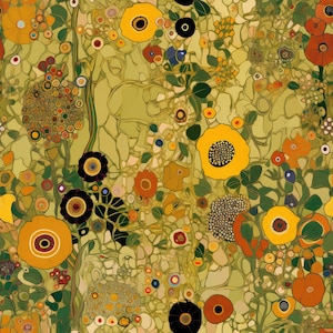 Puede incluir: Un patr&oacute;n floral abstracto colorido con flores amarillas, naranjas, rojas, verdes y azules. Las flores son estilizadas y tienen un aspecto de mosaico. El fondo es verde claro.