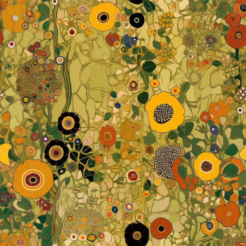 Puede incluir: Un patr&oacute;n floral abstracto colorido con flores amarillas, naranjas, rojas, verdes y azules. Las flores son estilizadas y tienen un aspecto de mosaico. El fondo es verde claro.