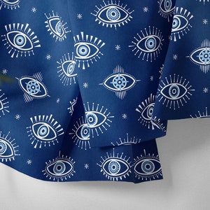 Hand-drawn blue white eyes on a dark blue background Geometric Fabric by the yards | Curtain Fabric | Furniture Bag Sofa Upholstery Fabric