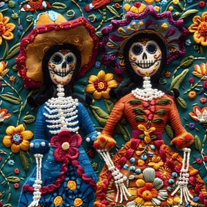 Mexican Sugar Skull Fabric, Día de los Muertos Embroidery Print, Colorful Folk Art Textile