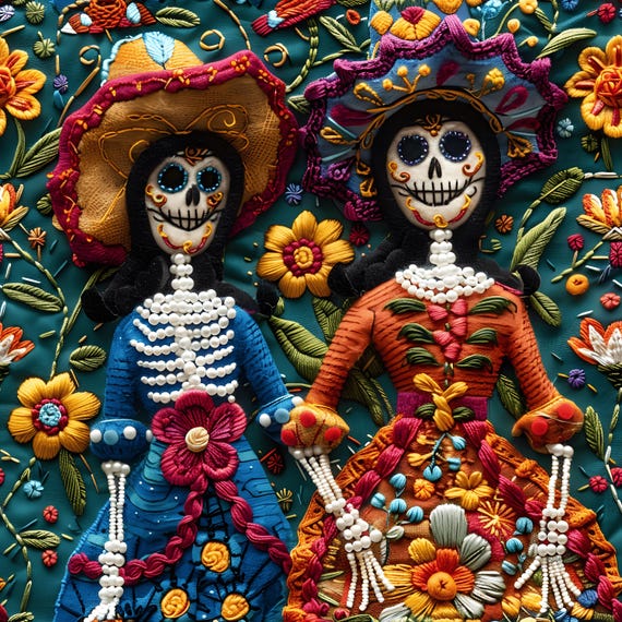 Mexican Sugar Skull Fabric, Día de los Muertos Embroidery Print, Colorful Folk Art Textile