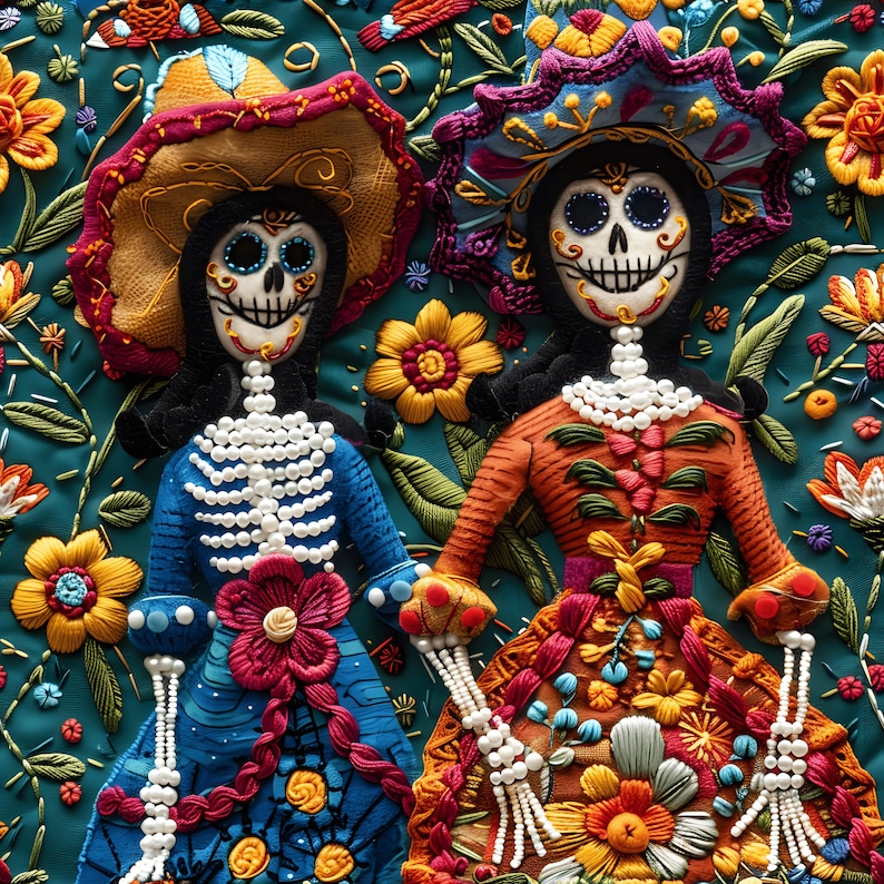 May include: Two embroidered figures of skeletons wearing colorful clothing and hats. The skeletons are adorned with pearl beads and floral details. The background is a teal blue with floral embroidery.