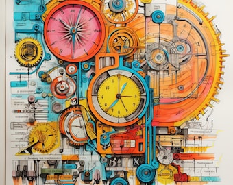 Apuntes mecánicos: ilustración esquemática colorida en paneles de tela, arte mural
