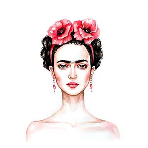 May include: Watercolor portrait of a woman with dark hair, a red headband, and large red flower hair accessories. She wears red earrings and has a neutral expression. The artwork is set against a white background.
