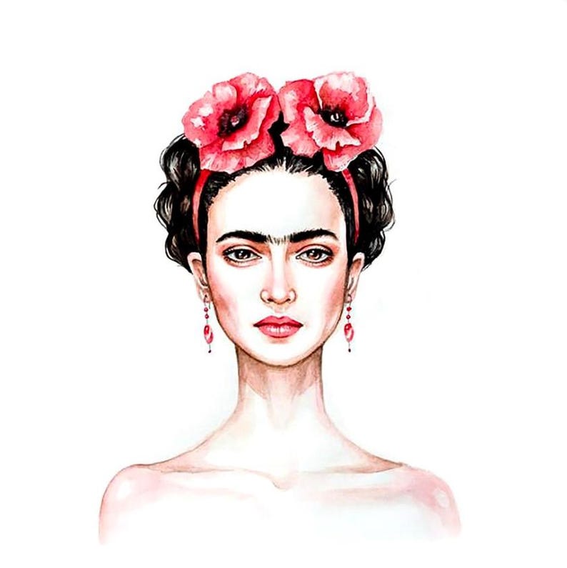 May include: Watercolor portrait of a woman with dark hair, a red headband, and large red flower hair accessories. She wears red earrings and has a neutral expression. The artwork is set against a white background.