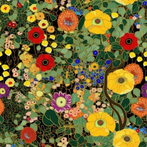 Puede incluir: Un patr&oacute;n floral colorido con una variedad de flores, incluyendo rojas, amarillas, azules y verdes. Las flores est&aacute;n dispuestas en un patr&oacute;n aleatorio sobre un fondo negro.